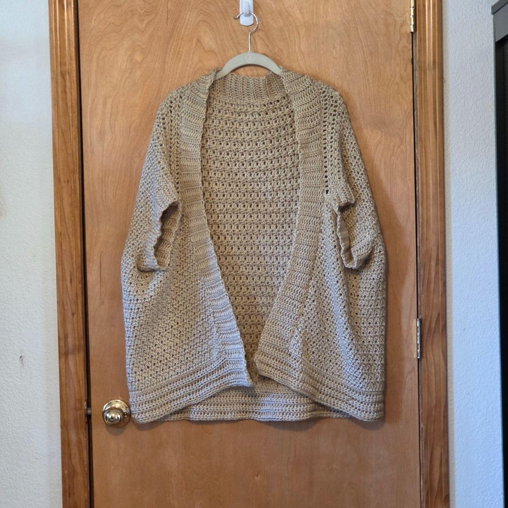 Handmade Crochet Open Front Oversized Boho Sweater Tan Camel 1X 2X Artisan